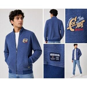 SEQUAL Men’s Blue Ribbed Zip Up Jacket Large Embroidered Casual Track Bomber